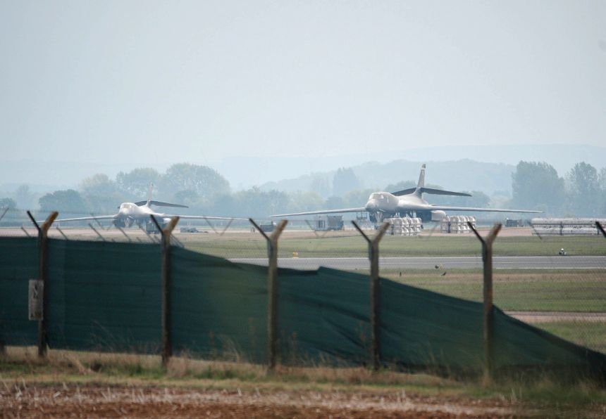 Planes at RAF Fairford after a major incident was declared Sunday, with armed police manning a cordon near the village of Whelford in Gloucestershire.
