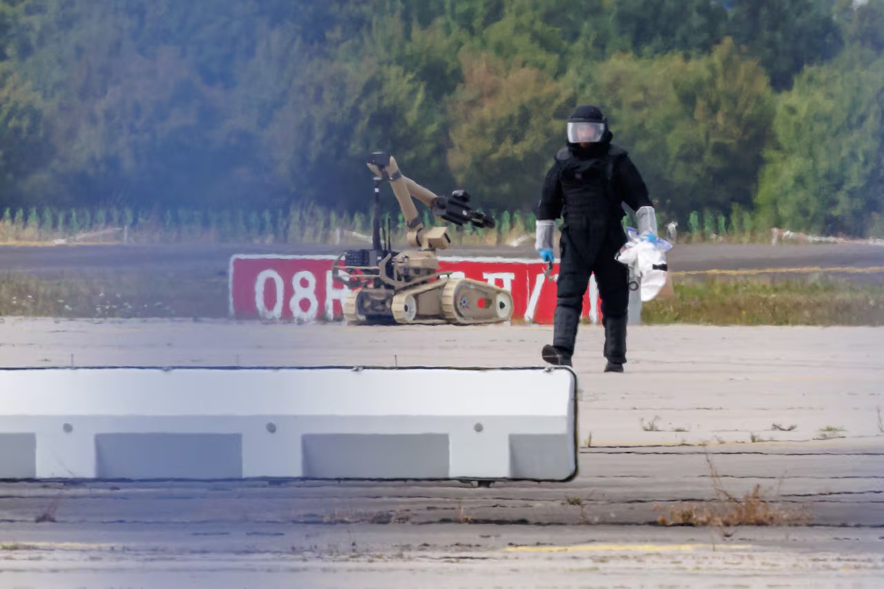 A man in a bomb-resistant suit walks across tarmac. There is a robot arm mounted on treads behind him.