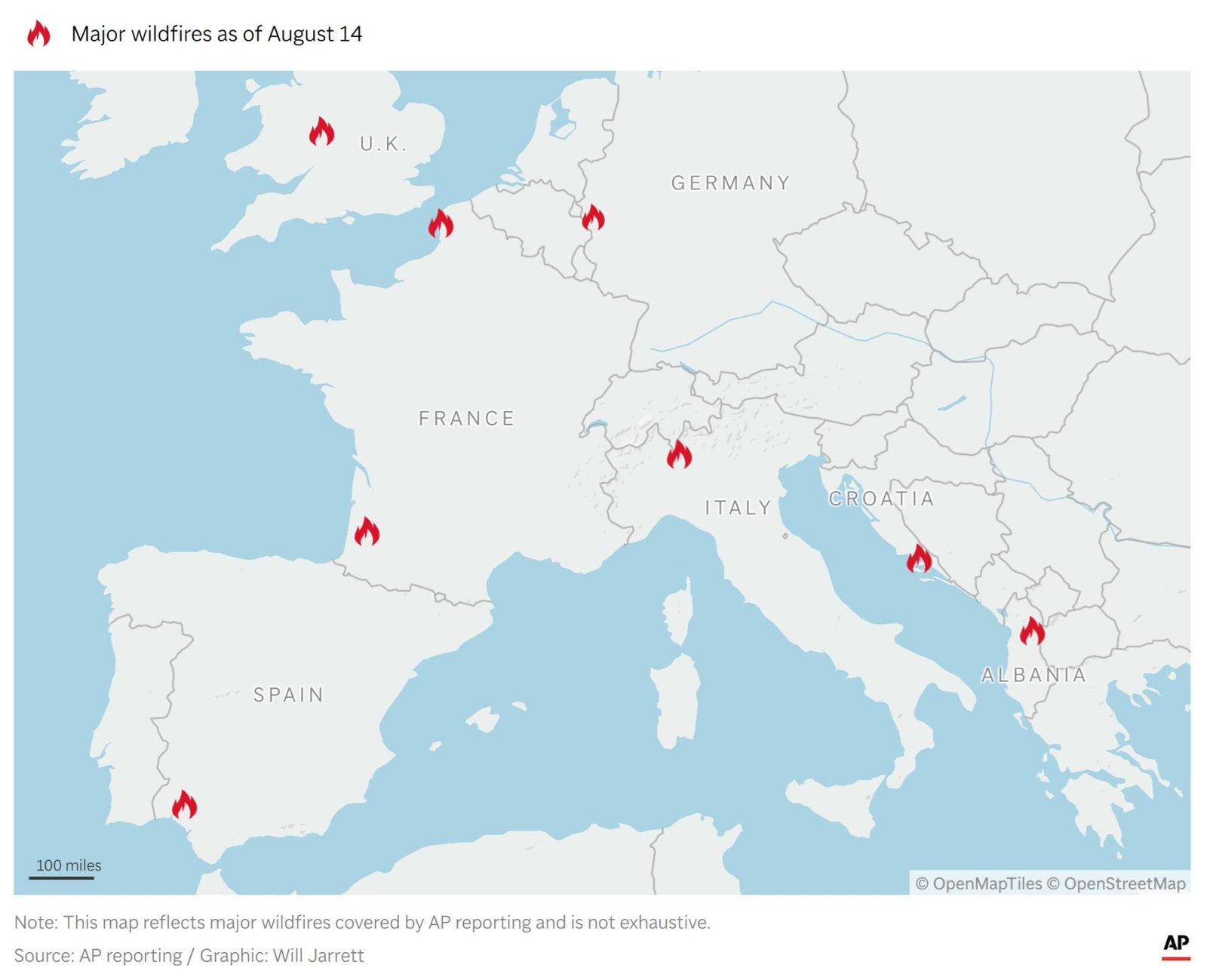 European countries battle multiple wildfires as record heat grips the continent
