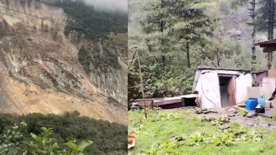 In one video, a massive portion of a mountain can be seen breaking away and crashing into a river.