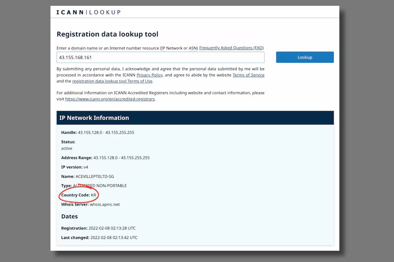 A Radio Free Asia investigation revealed the website to be registered to a Singapore address in South Korea.
