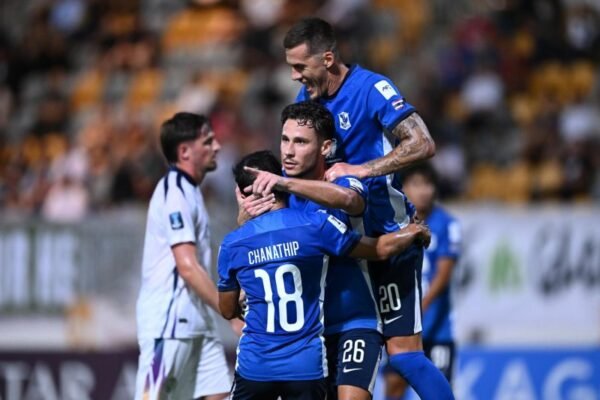 BG Pathum's Anthony Belmonte, centre, celebrates his goal with Chanathip Songkrasin and Marin Jurina. (Photo supplied)