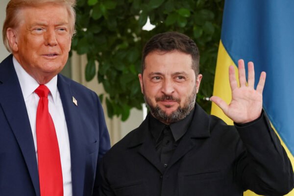 Ukrainian President Volodymyr Zelensky waves as he meets US President Donald Trump at the White House, amid negotiations to end the Russian war in Ukraine, in Washington, DC, US, August 18, 2025.