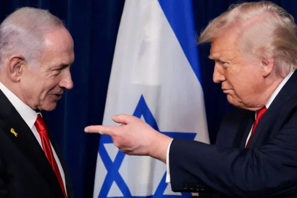 President Donald Trump points his finger towards Israeli Prime Minister Benjamin Netanyahu during a press conference after meeting at Trump’s Mar-a-Lago club in Palm Beach, Florida.