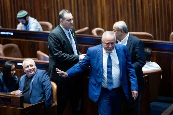MK Avigdor Liberman and MK Gadi Eisenkot at a plenum session at the assembly hall of the Knesset, the Israeli parliament in Jerusalem, September 9, 2024.