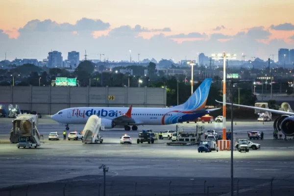 A flydubai plane carrying passengers from flight FZ1073 arrives at Ben Gurion International Airport near Tel Aviv, after a suspected terror attack aboard their original flight from Dubai to Israel forced an emergency landing in Saudi Arabia, September 30, 2026.