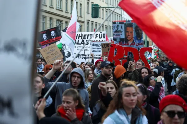 Protesters attend the ''United for Palestine'' demonstration in Berlin, Germany, October 10, 2026.