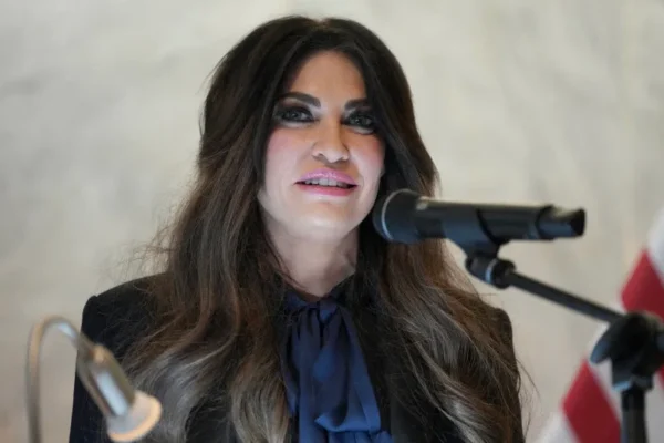 US Ambassador to Greece Kimberly Guilfoyle speaks during a dedication ceremony at the chancery of the US Embassy in Athens, on October 7, 2026.