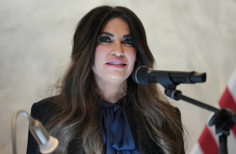 US Ambassador to Greece Kimberly Guilfoyle speaks during a dedication ceremony at the chancery of the US Embassy in Athens, on October 7, 2026.