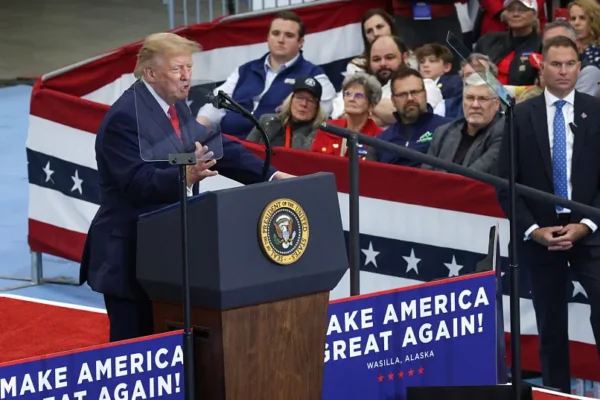 U.S. President Donald Trump speaks during a campaign rally at the Menard Memorial Sports Center on October 13, 2026 in Wasilla, Alaska.