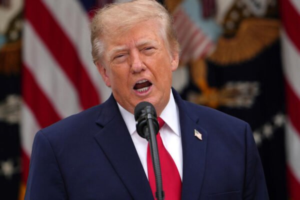 President Donald Trump speaks in the Rose Garden of the White House during an event for first responders.