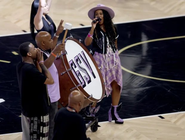 Rapper Too Short prepares to hit the bass drum before Game 2 of the WNBA Finals at the Chase Center in San Francisco, Calif., on Monday, Oct. 19, 2026. (Jane Tyska/Bay Area News Group)