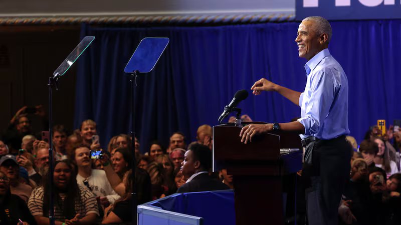 Former US President Barack Obama speaks during a rally before the midterm elections in Cleveland, Ohio, US, October 24, 2026. REUTERS/Shannon Stapleton