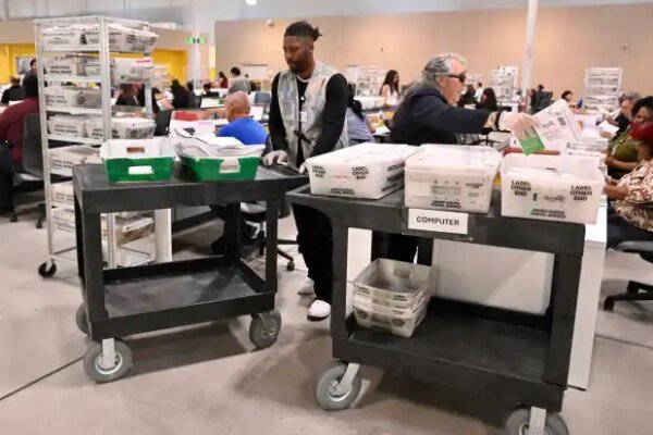 Workers drop off mail in ballots for extraction at the Los Angeles County Ballot Processing Center in the City of Industry on Tuesday, June 2, 2026. (Photo by Keith Birmingham, Pasadena Star-News/ SCNG)