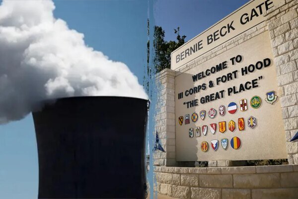Nuclear reactor left and Army base right