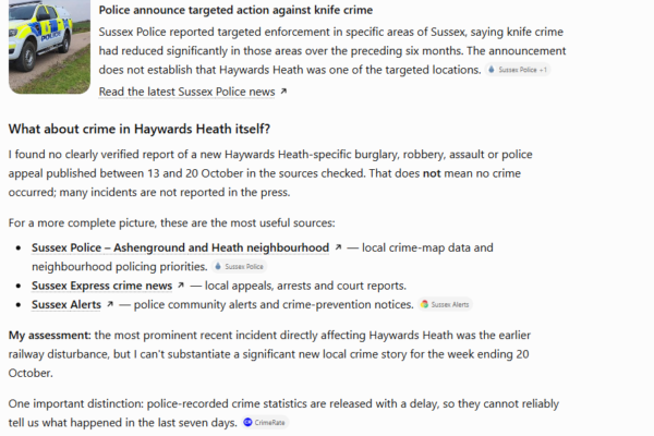 Sussex crime news query ChatGPT