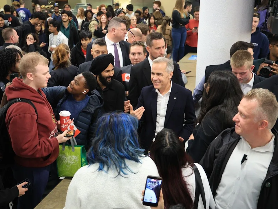 Prime Minister Mark Carney greets students during the lunch hour at the University of Calgary on Thursday, October 15, 2026.