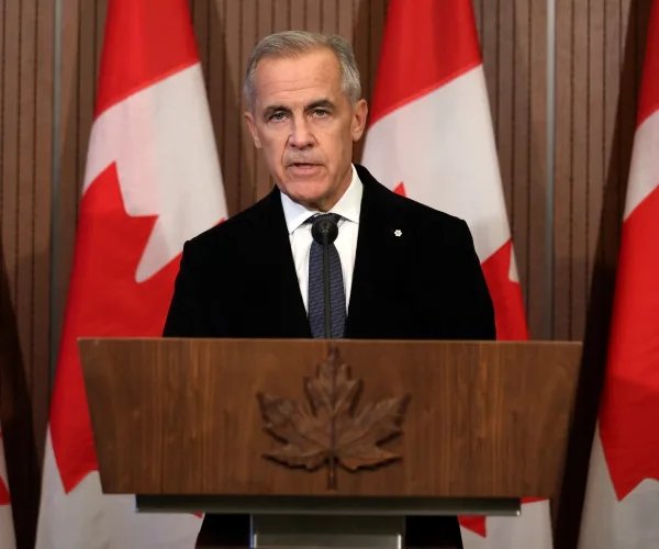 Canadian Prime Minister Mark Carney speaks about the incident at the Canadian Forces Base (CFB) Wainwright, at Parliament Hill in Ottawa, Ontario, Canada, on October 18, 2026.  (Photo by Dave Chan / AFP via Getty Images)