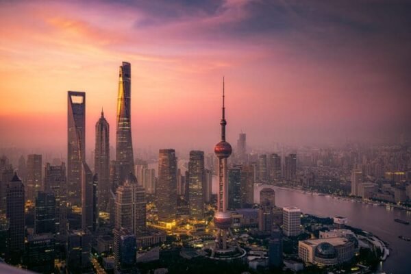 Shanghai Lujiazui financial district landscape aerial view at sunrise