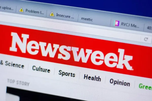 A screenshot of the banner on the Newsweek website in 2018, illustrating a story about what's powered the magazine's rapid increase in web traffic and its attempts to build a more stable direct audience.