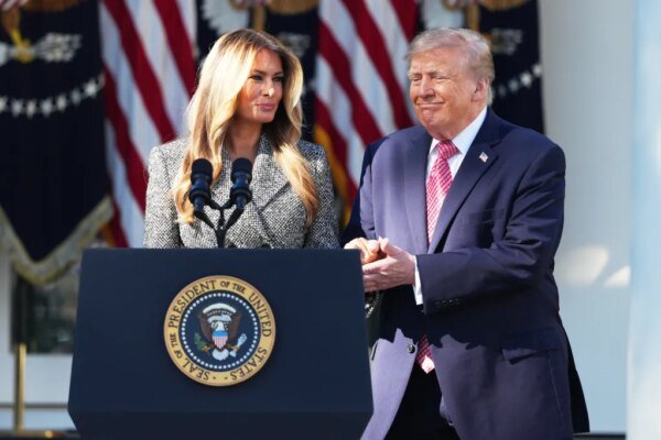 President Donald Trump and First Lady Melania Trump attend an event in the Rose Garden of the White House.