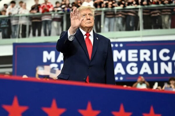 Donald Trump speaks at a campaign rally inside a sports center in Wasilla, Alaska.