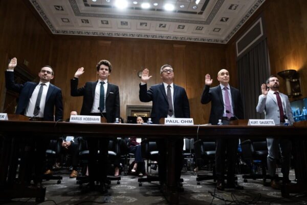 5 mn in suits are sworn in to the Senate Homeland Security and Governmental Affairs Subcommittee